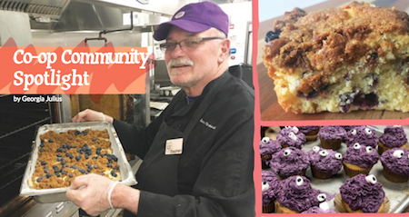 Stephen Piorkowski in the HWFC bakery, coffee cake, purple cupcakes